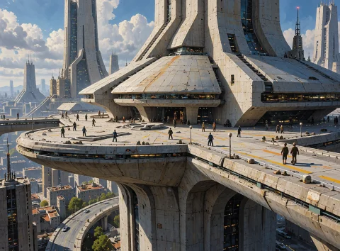 Lorakreaotherworlds0.6a Monumental Futuristic Capital City B... — Stable Diffusion AI Prompt: A monumental futuristic capital city built in massive brutalist concrete forms,...
