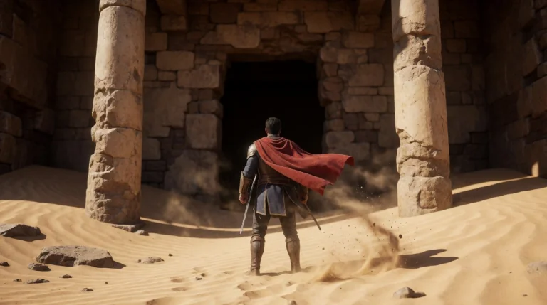A Hero Standing In Front Of A Ruin, Sand, Desert, Strong Sun...