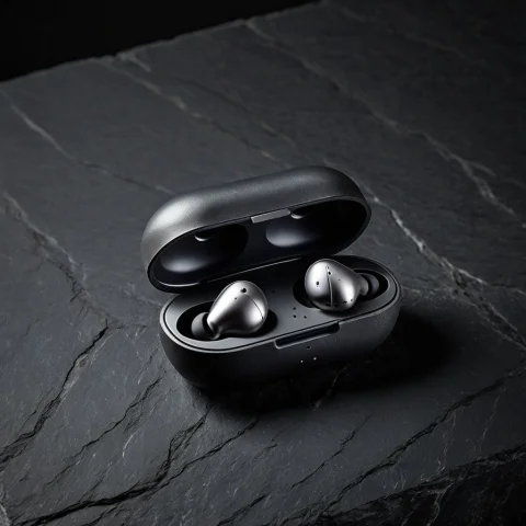 Loratech2graphiteslatev10.80, Techgraphite, A Wireless Earbu... — SDXL AI Prompt: , techgraphite, a wireless earbuds case on dark graphite slate stone, cool low-k...