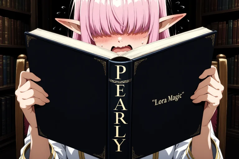 She Is Holding A Open Plain Thick Black Tome, , She Holds Th...