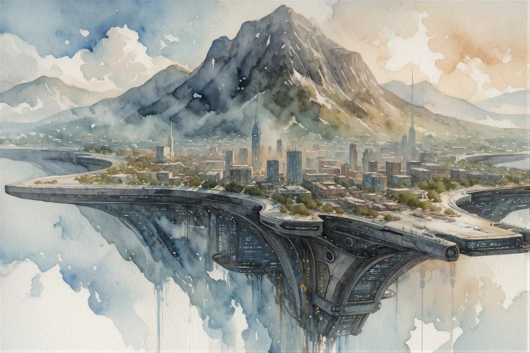 Watercolor Painting Of A Futuristic Floating City Merging Se...