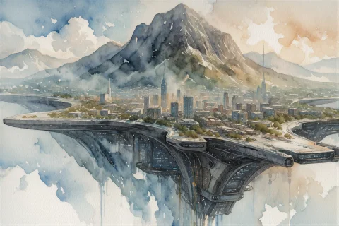 Watercolor Painting Of A Futuristic Floating City Merging Se... — Stable Diffusion AI Prompt: Watercolor painting of a futuristic floating city merging seamlessly into a fant...
