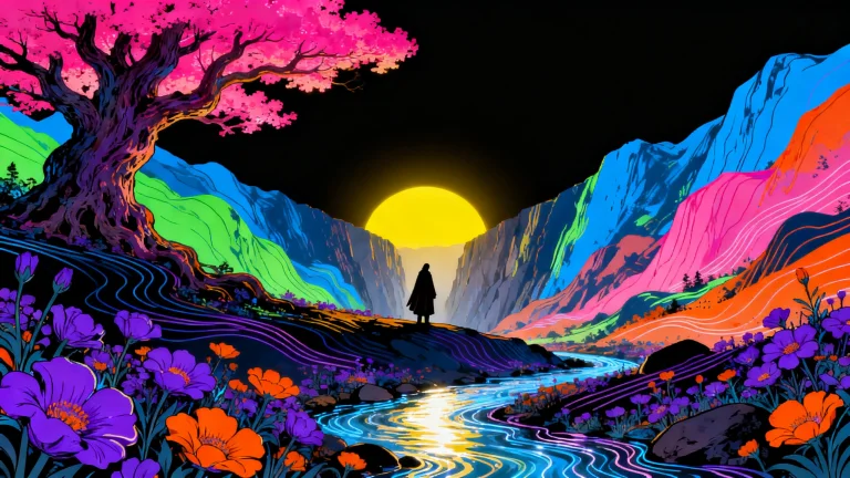 A Vibrant Psychedelic Fantasy Landscape Featuring A Tiny Dar...