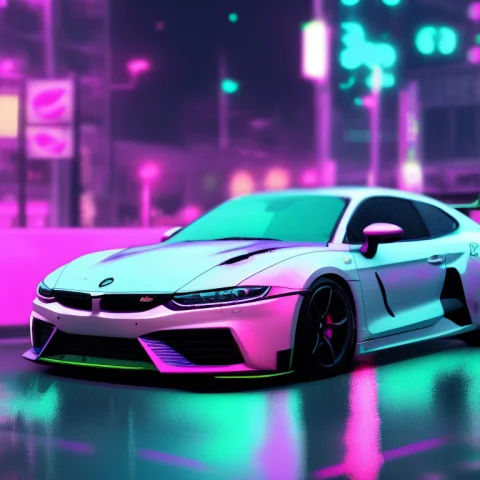 A Photo Of A Car With A Neon Purple Light On Its Hood Parked... — Stable Diffusion AI Prompt: a photo of a car with a neon purple light on it's hood parked in a parking lot a...