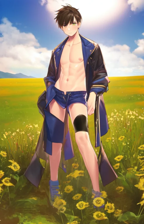 1boy, Man, Shorts, Navel, Colorful Eyes, Meadow, Solo, Shirt...