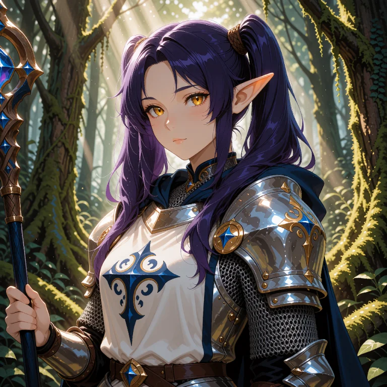 An Adult High Elf With Indigo Twin Tails Bound With Leather...