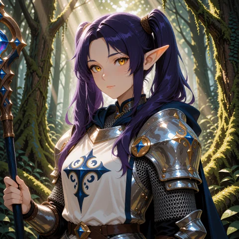 An Adult High Elf With Indigo Twin Tails Bound With Leather... — Stable Diffusion AI Prompt: An adult high elf with indigo twin tails bound with leather cords, warm honey-go...