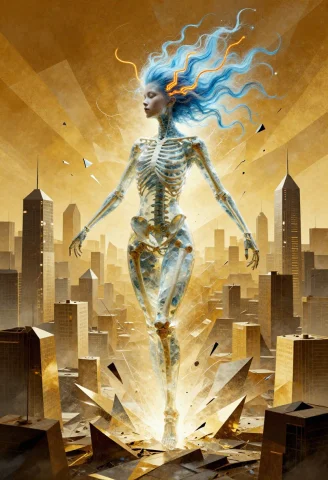 A Transparent Female Figure Made Of Glass Filled With Water... — Stable Diffusion AI Prompt: A transparent female figure made of glass filled with water and with a skeleton...