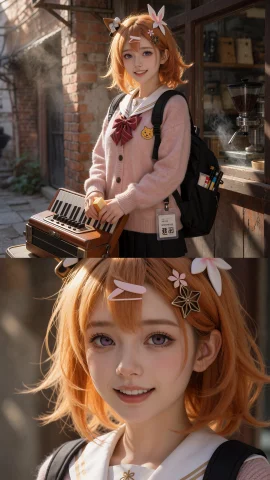 保登心爱,一位十八岁的元气少女保登心爱伫立在上海弄堂旁的复古... — Stable Diffusion AI Prompt: 保登心爱,一位十八岁的元气少女保登心爱伫立在上海弄堂旁的复古咖啡馆屋檐下，身着粉...