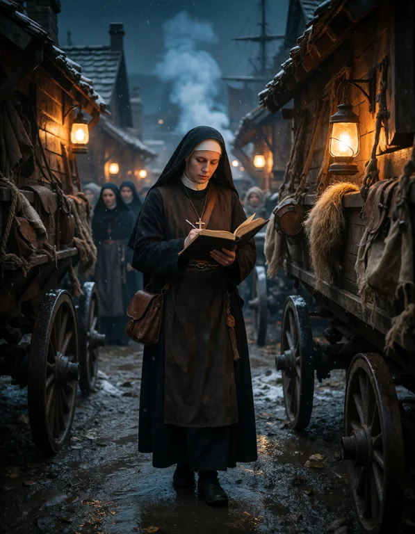 Create A Refined Vertical Scene Depicting A Nun Chronicler O...
