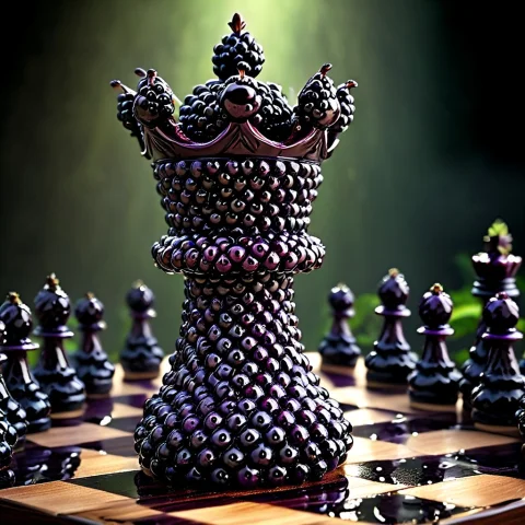 Blackberryworld, A King Chess Piece Sculpted From Dense Blac... — SDXL AI Prompt: blackberryworld, a king chess piece sculpted from dense blackberry clusters on a...