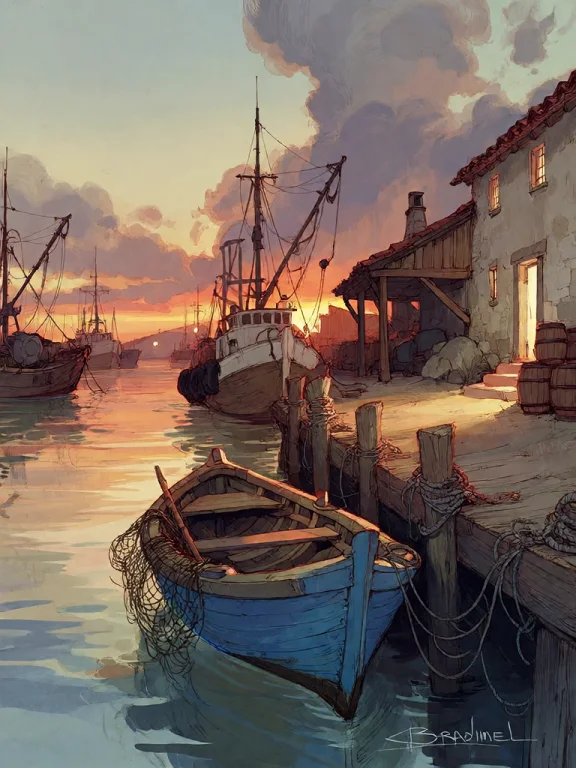 Bradhamel Art Style. A Tranquil Harbor At Sunset, Featuring...