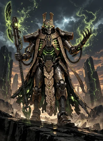 Necronoverlord Striding Down A Shattered Obsidian Causeway,... — Stable Diffusion AI Prompt: necron_overlord striding down a shattered obsidian causeway, enormous and regal,...