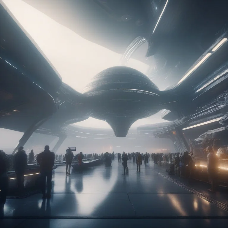 A Spaceport Terminal Crowded With Alien Travelers, Foggy Dif...
