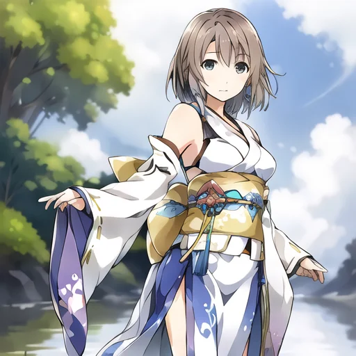 Yunaffx A Woman With Short Brown Hair, Wearing A White Kimon...