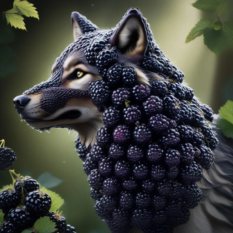 A Majestic Wolf Entirely Composed Of Dense Blackberry Cluste...