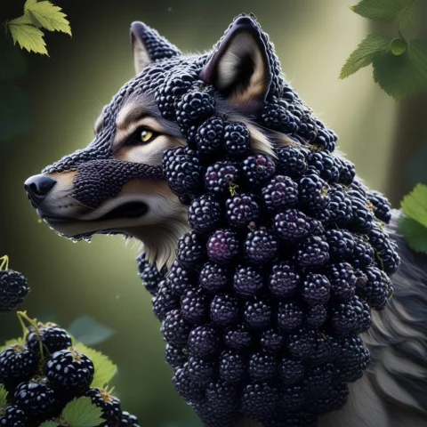 A Majestic Wolf Entirely Composed Of Dense Blackberry Cluste... — SDXL AI Prompt: a majestic wolf entirely composed of dense blackberry clusters, its whole body f...