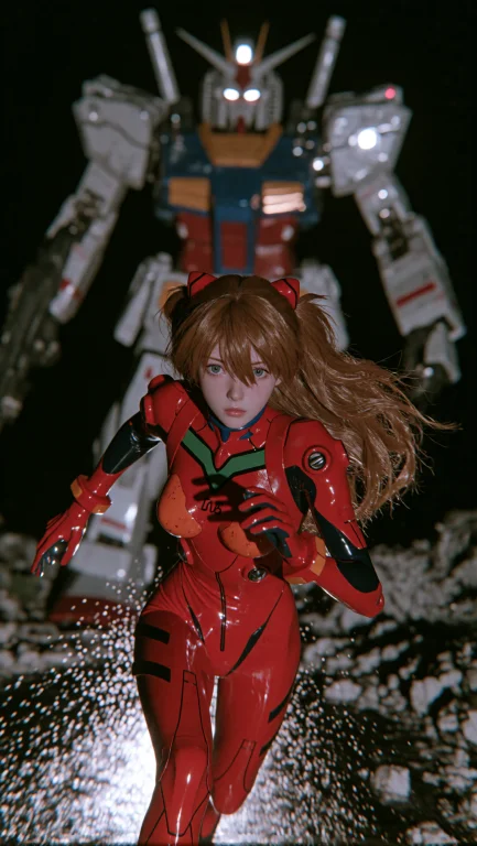 Extreme Close-up Cinematic Action Shot, Asuka Langley Soryu...
