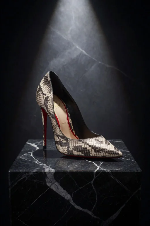 A Single Snakeskin High Heel Shoe Displayed On A Polished Bl...