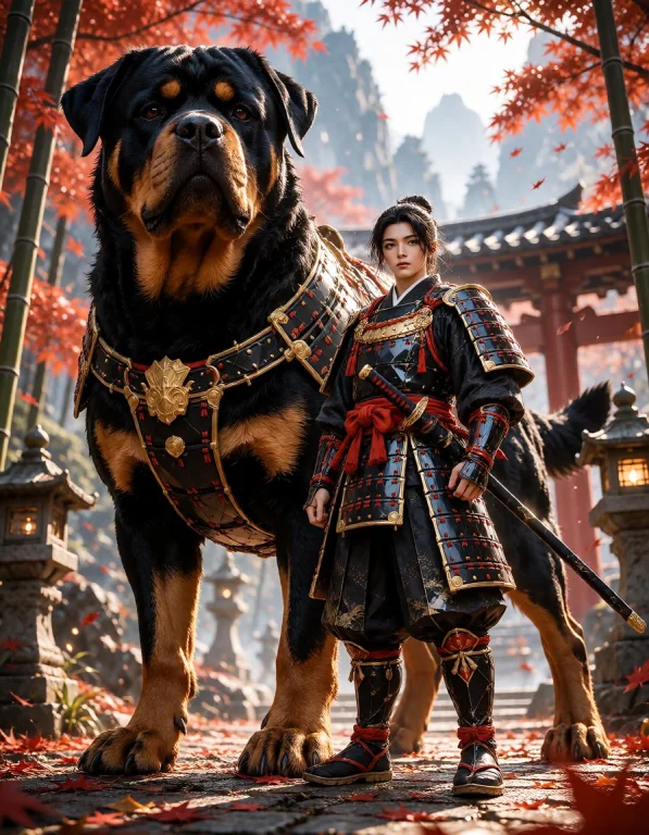 Titan Ascended , A Colossal Rottweiler Standing Beside An El...