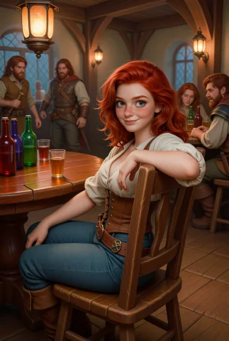 Inside A Lively Fantasy Tavern, L33na Sits Sideways In A Woo... — Stable Diffusion AI Prompt: Inside a lively fantasy tavern, l33na sits sideways in a wooden chair, one arm d...