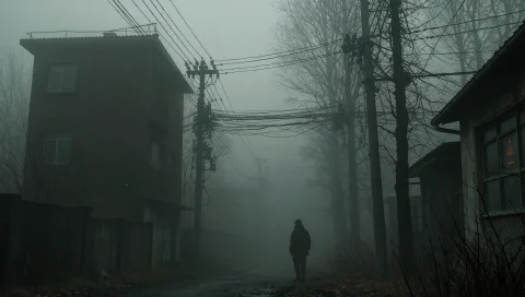 This Is A Depicting A Dark, Eerie Urban Scene Shrouded In Th... — Stable Diffusion AI Prompt: This is a depicting a dark, eerie urban scene shrouded in thick, blue-tinted fog...
