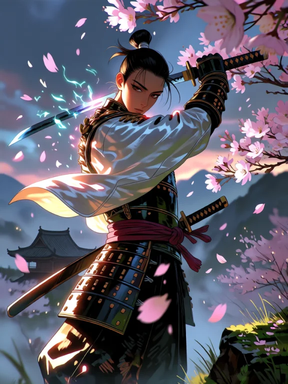 This Is A Digital Artwork Of A Samurai Warrior In Flowing Si...