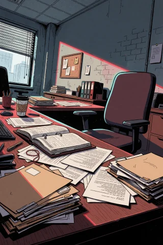 Make Empty Workspace With Lot Of Paperwork And Chair. Use Im... — Stable Diffusion AI Prompt: make empty workspace with lot of paperwork and chair. use image as style referen...
