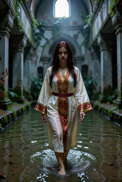 A Young Woman Walks Through Shallow Water In A Flooded Templ...
