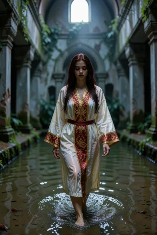 A Young Woman Walks Through Shallow Water In A Flooded Templ... — Stable Diffusion AI Prompt: A young woman walks through shallow water in a flooded temple nave, wearing a so...