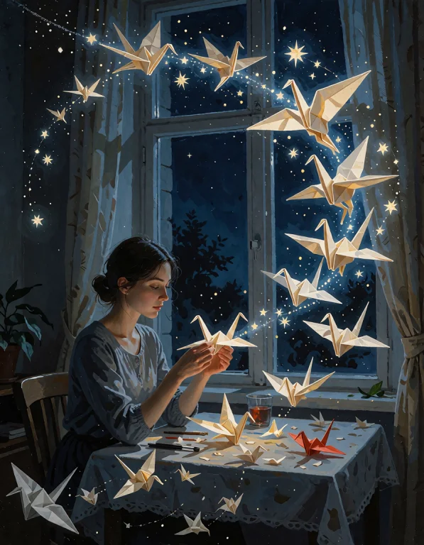 A Gouache Painting On Textured Paper Shows An Origami Artist...