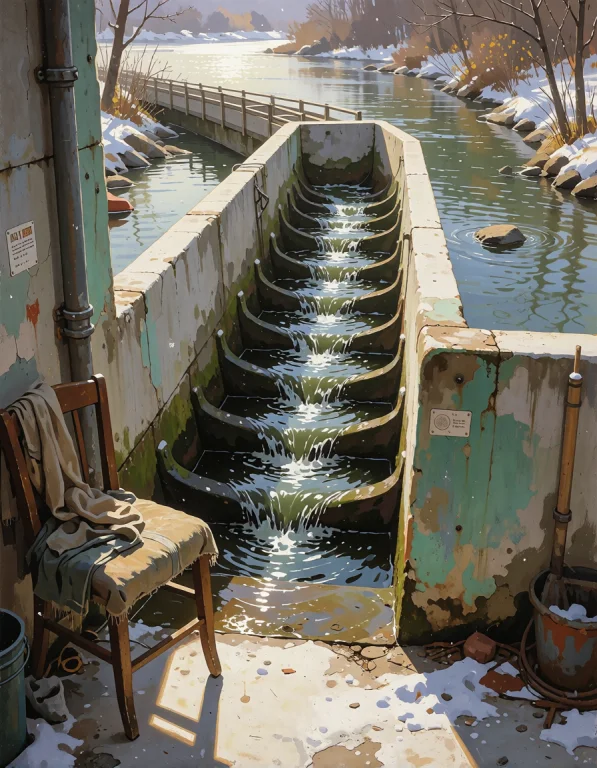 Create An Original Vertical Composition Depicting A River Mu...