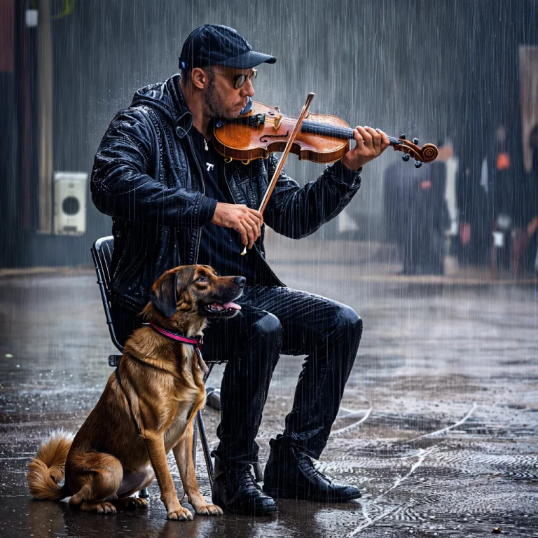 A Street Musician Playing The Violin Under Heavy Rain, While...