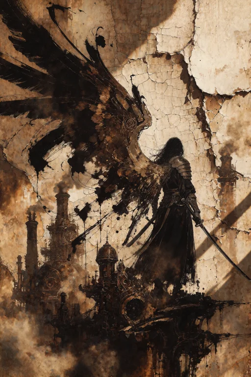 A Dramatic Vertical Fantasy Ink Painting Rendered In A Monoc...