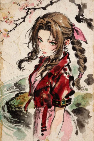 A Traditional Japanese Sumi-e Ink Painting Depicting Aerith... — Stable Diffusion AI Prompt: A traditional Japanese sumi-e ink painting depicting Aerith Gainsborough, render...