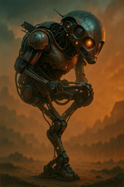 A Robot Stands On One Leg With Bent Arm, Centered Vertically...
