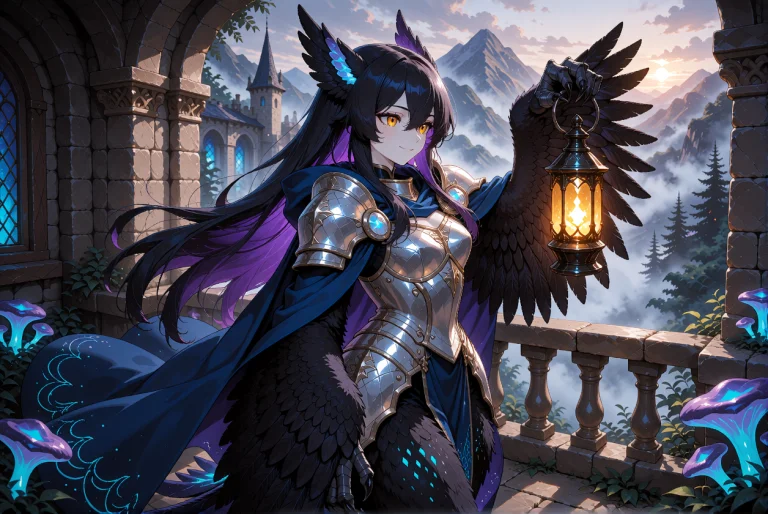 An Adult Harpy Woman With Midnight-black Hair With Violet Un...