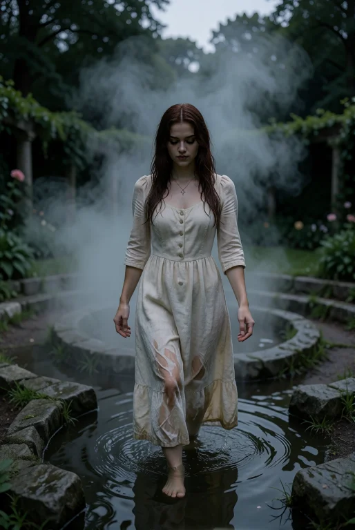 A Young Woman Wades Through Fog In A Stone Labyrinth Garden,...