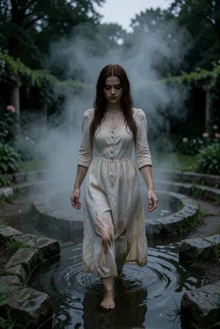 A Young Woman Wades Through Fog In A Stone Labyrinth Garden,... — Stable Diffusion AI Prompt: A young woman wades through fog in a stone labyrinth garden, wearing a damp line...