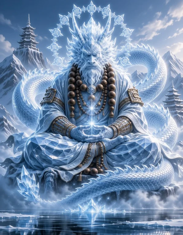 Titanascended, A Colossal Crystal Dragon Monk Meditating Abo...