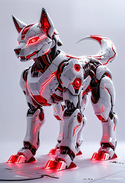 Robot Dog Made Of White And Whit Red Glow, Whiteember