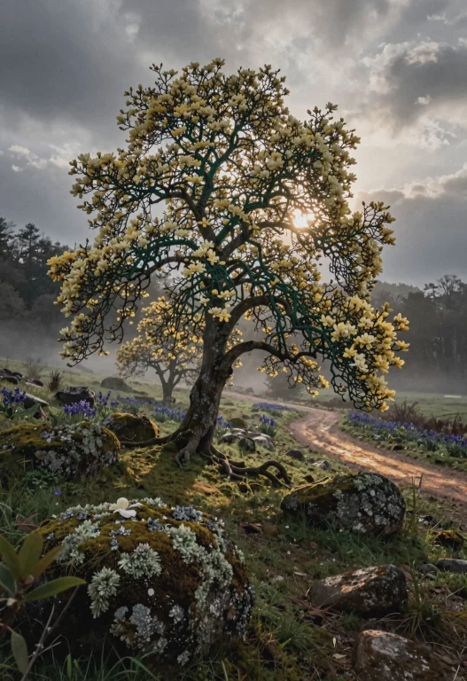 The Image Captures A Single Flowering Tree As Its Central Su...