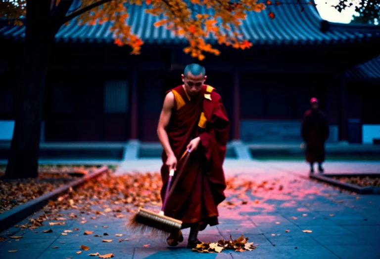 A Monk Sweeping Leaves In A Temple Courtyard, 35mm Film Stil...