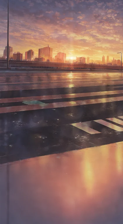 City, Wet Road, Car, Sunset, Masterpiece, Detailed, Caustics...
