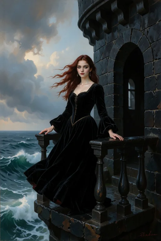 A Young Woman Stands On A Balcony Of A Black-stone Fortress...