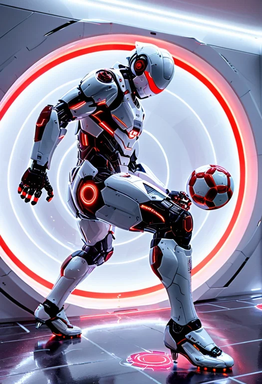 Whiteembertech, A Robot Footballer Mid-kick, Striking A Red-...