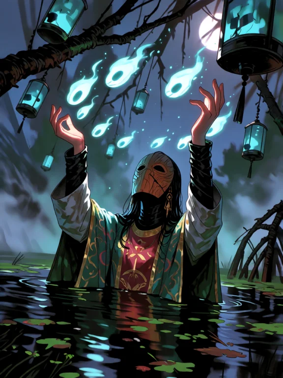 A Drowned Priestess Wades Waist Deep Through A Black Swamp B...