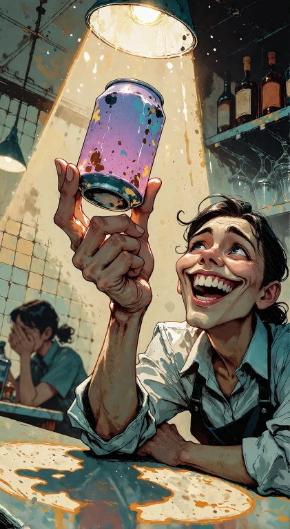 , A Slick, Grinning Man Holds A Single Lavender-colored Soda...