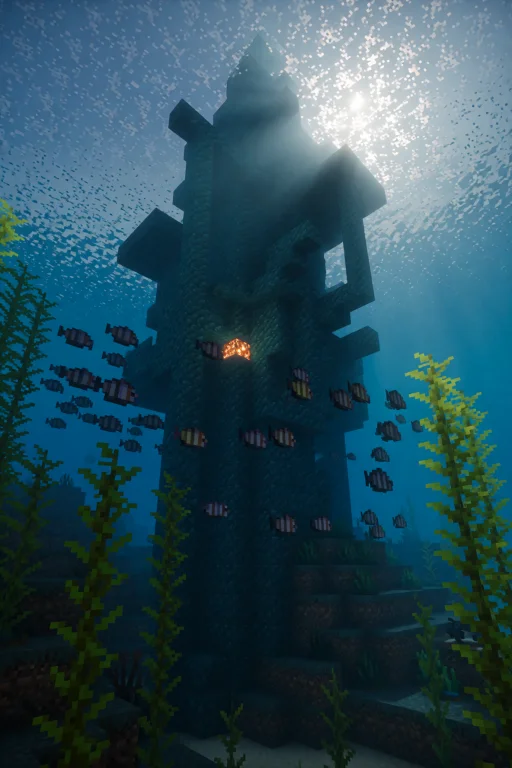 Minecraft Style. A Massive Ocean Monument Rising From The Se...
