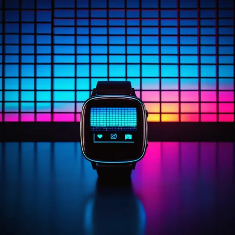 Loratech2neonbluegridv10.80, Techbluegrid, A Smartwatch In F... — SDXL AI Prompt: , techbluegrid, a smartwatch in front of a glowing blue retro grid horizon backd...